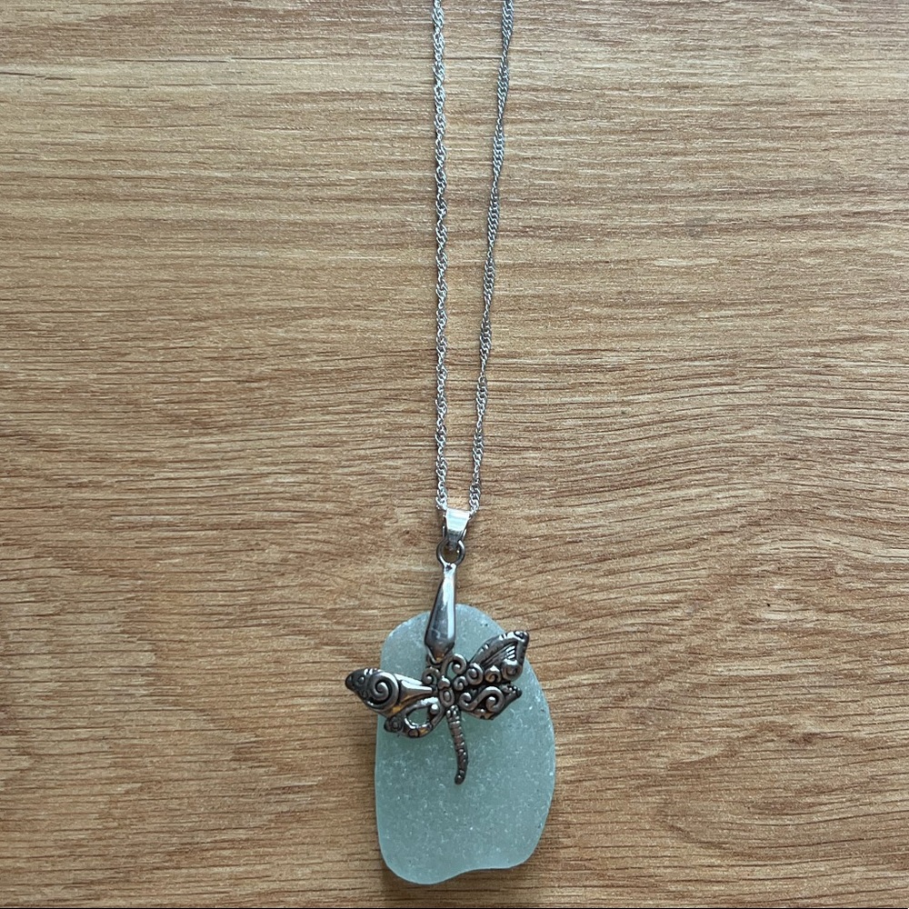 Sea Glass Necklace aqua with Dragonfly/Butterfly Charm